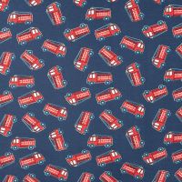 French Terry Print - Fire Trucks, Denim