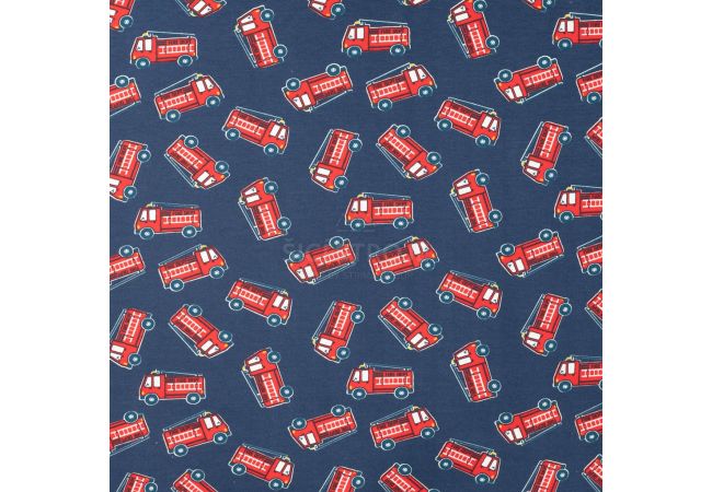 French Terry Print - Fire Trucks, Denim