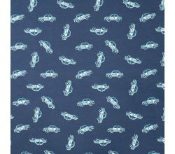 French Terry Print - Police Cars, Denim