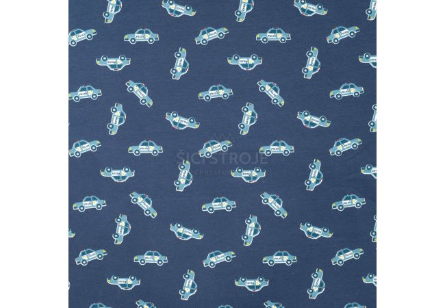 French Terry Print - Police Cars, Denim