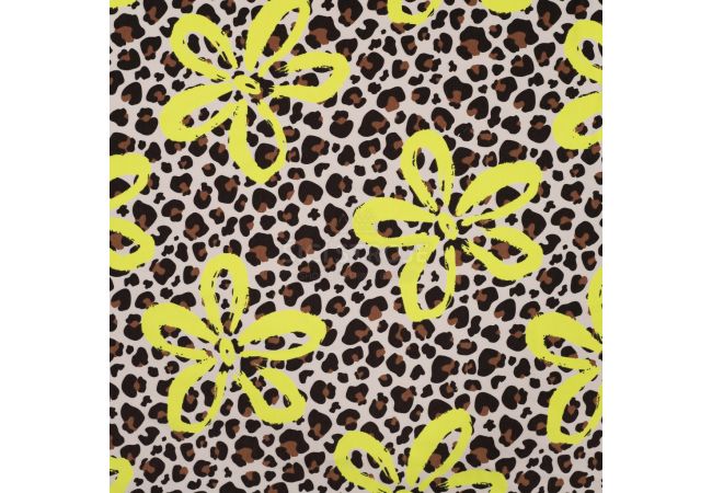 French Terry Neon Print - Leopard Neon Flower, Caramel
