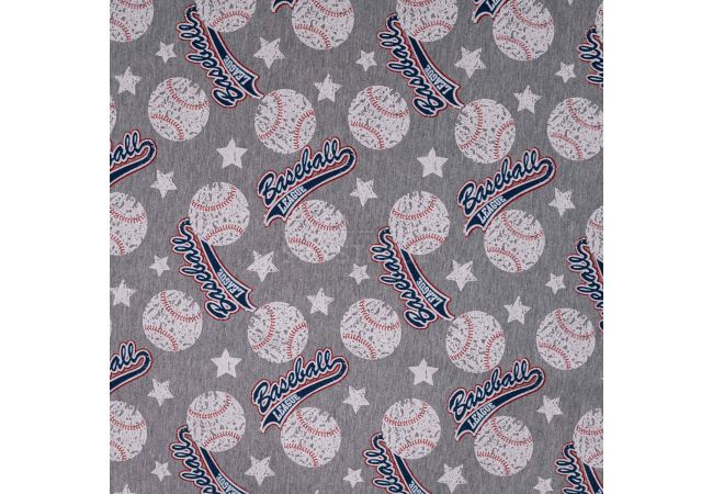 French Terry Melange Print - Baseball, Light Grey Melange