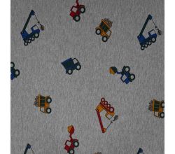 French Terry Melange Print - Trucks, Light Grey Melange