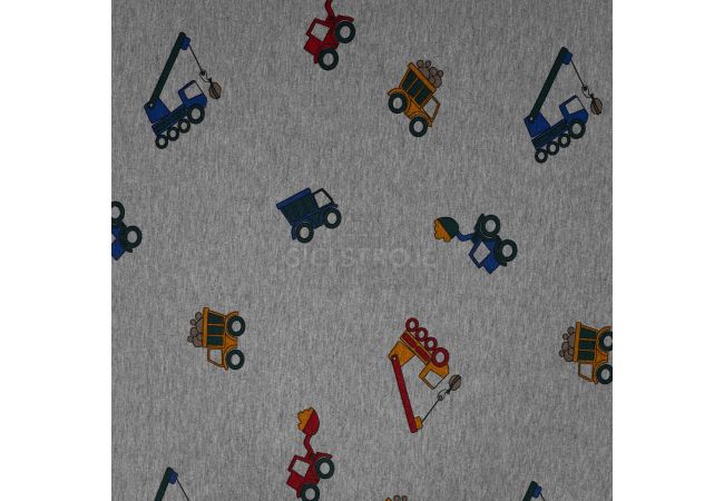 French Terry Melange Print - Trucks, Light Grey Melange