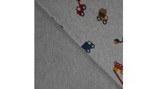 French Terry Melange Print - Trucks, Light Grey Melange