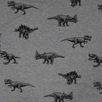 French Terry Melange Print - Dinos, Light Grey Melange