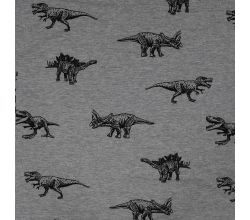 French Terry Melange Print - Dinos, Light Grey Melange