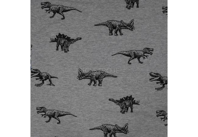 French Terry Melange Print - Dinos, Light Grey Melange