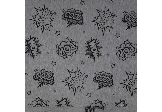 French Terry Melange Print - Cartoon, Light Grey Melange
