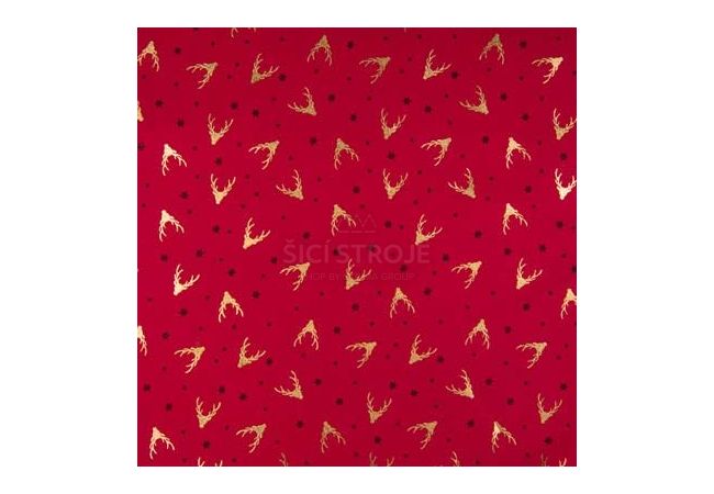 Cotton Poplin Foil Print - Deer, Deep Red