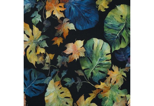 French Terry Digital Print - Leaves, Black