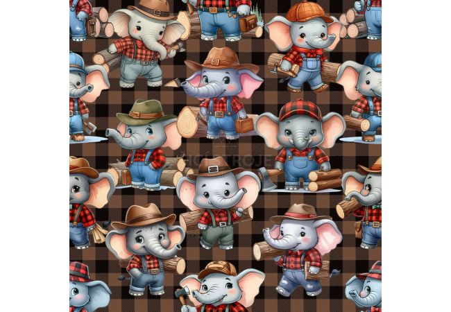 French Terry Digital Print - Cute Elephants, Dark Brown