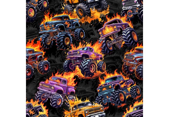 French Terry Digital Print - Fire Monster Trucks