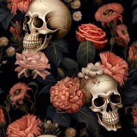 French Terry Digital Print - Flower Skulls, Peach