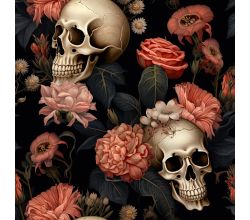 French Terry Digital Print - Flower Skulls, Peach