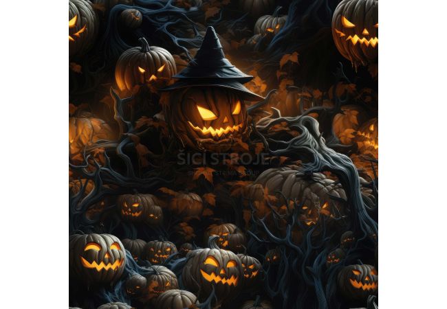 French Terry Digital Print - Witch Pumpkins, Black
