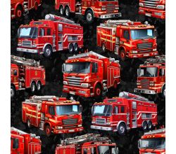French Terry Digital Print - Fire Truck, Black