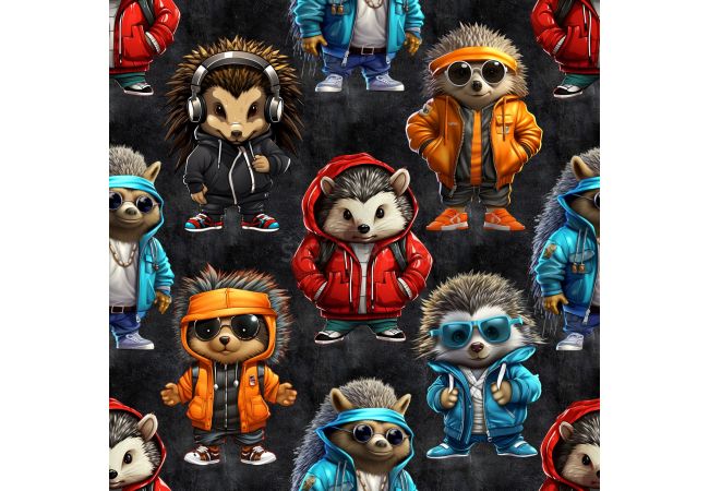 French Terry Digital Print - Cool Hedgehogs, Black