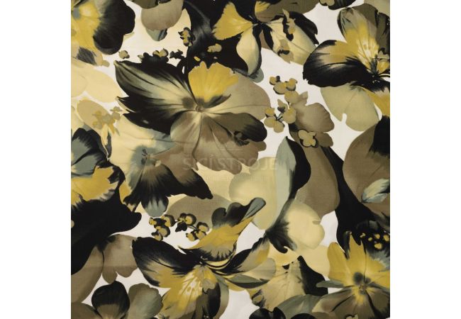 Satin Viscose - Flowers, Khaki