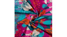 Ibiza Viscose Voile - Flowers Border Stripes Panel, Orange