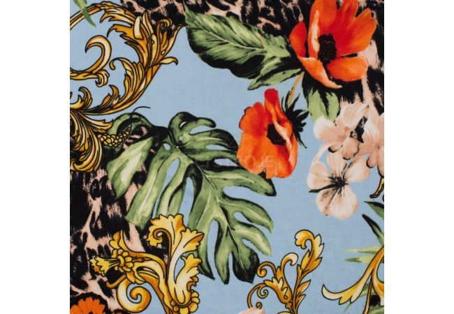 Viscose/Sp Jersey Print - Flowers, Aqua