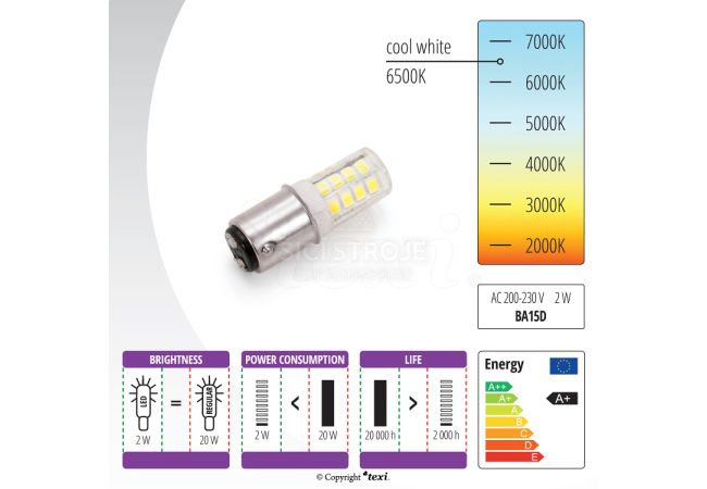 Žiarovka LED 230V, 2W pre šijacie stroje a overlocky - bajonet