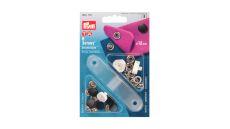 Stláčacie gombíky + narážač Jersey, 12 mm, 6 ks, hladká čiapočka, čierne