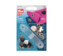 Stláčacie gombíky + narážač Jersey, 12 mm, 6 ks, hladká čiapočka, čierne