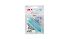 Stláčacie gombíky + narážač Jersey, Prym Love, 8 mm, 21 ks, svetlo ružové/svetlo modré/perleťové