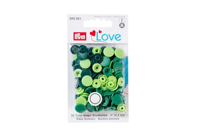 Plastové patentky "Color Snaps" okrúhle, Prym Love, 12,4 mm, 30 ks, zelené