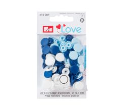 Plastové patentky "Color Snaps" okrúhle, Prym Love, 12,4 mm, 30 ks, modré/biele