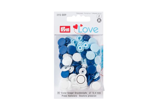 Plastové patentky "Color Snaps" okrúhle, Prym Love, 12,4 mm, 30 ks, modré/biele