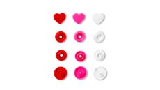Plastové patentky "Color Snaps" srdiečka, Prym Love, 12,4 mm, 30 ks, červené/ružové/biele