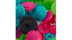 Plastové patentky "Color Snaps" kvietky, Prym Love, 13,6 mm, 21 ks, ružové/zelené/modré