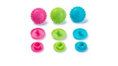 Plastové patentky "Color Snaps" kvietky, Prym Love, 13,6 mm, 21 ks, ružové/zelené/modré