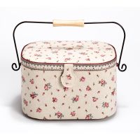 Kazeta na šitie čalúnená veľ. L oválna vintage s motívom ružičiek "Country rose" (béžová, ružová)