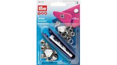 Stláčacie gombíky + narážač Jersey, 10 mm, 9 ks, hladká čiapočka, strieborné