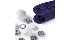 Stláčacie gombíky + narážač Jersey, 12 mm, 6 ks, hladká čiapočka, biele