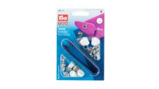 Stláčacie gombíky + narážač Jersey, 12 mm, 6 ks, hladká čiapočka, biele