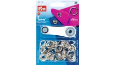 Stláčacie gombíky + narážač Jersey, 18 mm, 6 ks, strieborné
