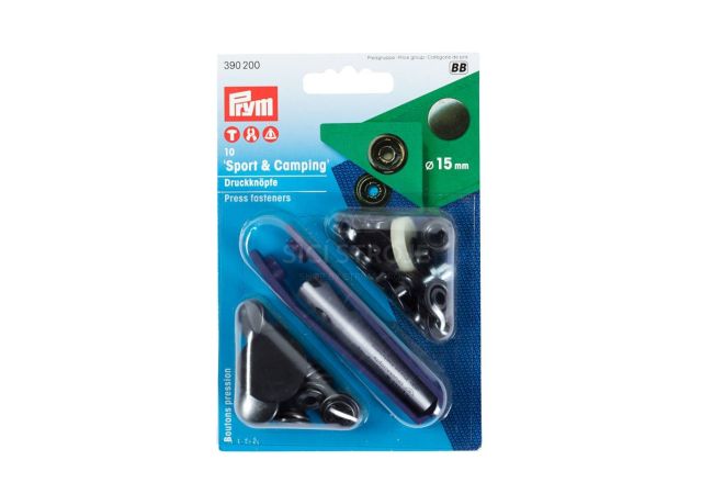 Stláčacie gombíky + narážač Sport & Camping, 15 mm, 10 ks, čierne