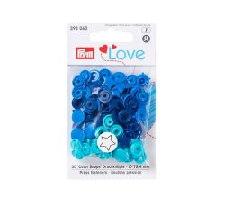 Plastové patentky "Color Snaps" hviezdičky, Prym Love, 12,4 mm, 30 ks, modré/tyrkysové/atramentové