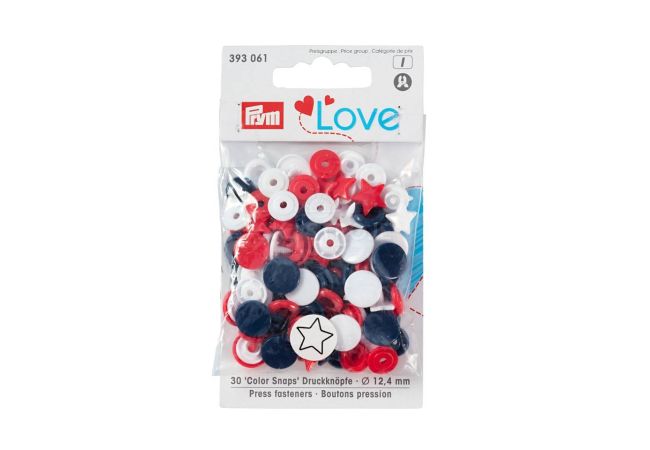 Plastové patentky "Color Snaps" Hviezdičky, Prym Love, 12,4 mm, 30 ks, červené/biele/námornícky modré