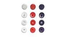 Plastové patentky "Color Snaps Mini", našitý vzhľad, Prym Love, 9 mm, 36 ks, červené/biele/námornícky modré