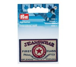 Nášivka džínsový štítok Jeanswear First Class, obdĺžnik, nažehľovacia, béžová