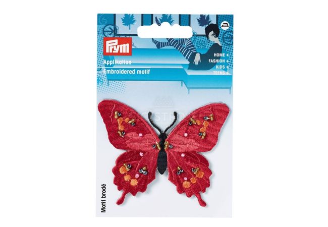 Nášivka motýľ s korálkami, nažehľovacia, červená